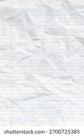 White clean crumpled notebook paper with lines. Vertical crumpled checkered empty paper template for posters and banners. Vector illustration