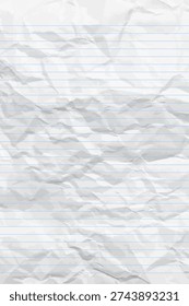 White clean crumpled notebook paper with lines. Vertical crumpled checkered empty paper template for posters and banners. Vector illustration