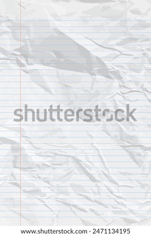White clean crumpled notebook paper with lines. Vertical crumpled checkered empty paper template for posters and banners. Vector illustration