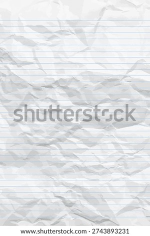 White clean crumpled notebook paper with lines. Vertical crumpled checkered empty paper template for posters and banners. Vector illustration