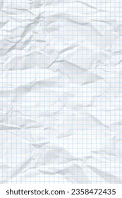 White clean crumpled paper background. Vertical crumpled checkered empty paper template for posters and banners. Vector illustration