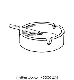 White clean and empty ceramic ashtray with a single lit cigarette, sketch vector illustration isolated on white background.
