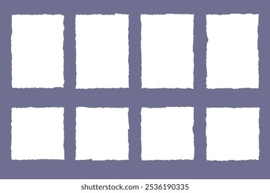 White clean empty rectangular, square sheets of A4 paper with torn uneven edges, arranged vertically in two rows of four. Vector illustration template for texts, pictures, tables, presentations. 