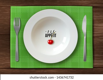 white clean plate on wooden table with knife and fork wishing you Bon appetit green checkered tablecloth table setting for one person