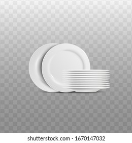 White clean plate pile isolated on transparent background - freshly washed ceramic dish set from front and side view stacked and not - realistic vector illustration