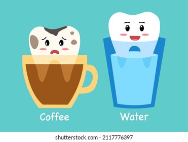 White Clean Smiling Tooth Is In The Water Glass. Dirty Cavity Tooth Is In The Coffee Cup Cartoon Character In Flat Design. Dental Health Care Concept.