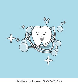 White, clean, strong teeth with fluoride, which is a salt of the element fluorine. Helps prevent tooth decay. vector illustration.