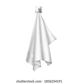 White clean terry towel hanging on hanger prepared to use in spa, bathroom, pool or hotel room. Realistic towel isolated on white background. Vector illustration