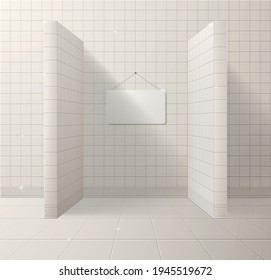Muro de baldosa blanca y limpia. Espacio libre de presentación con un signo en blanco en la pared. Ilustración vectorial. 