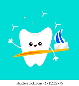 white clean tooth cartoon character rejoices and smiles he holds in his hands a brush and a paste the concept of dentistry and hygiene object on a blue background
