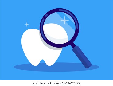 White clean tooth with Magnifying, flat vector illustration.