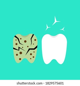white clean tooth next to which is sick and cracked objects on blue background concept of dentistry and health care