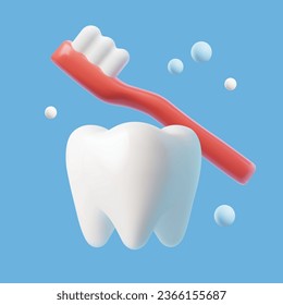 White clean tooth with toothbrush symbol, 3D realistic vector illustration isolated on blue background. Teeth hygiene and cleanliness, dental health concept.