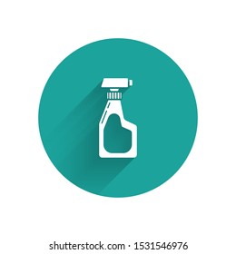 White Cleaning spray bottle with detergent liquid icon isolated with long shadow. Green circle button. Vector Illustration