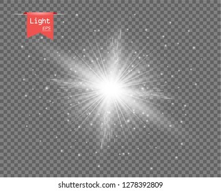The white clear light of the sun. Bright explosion, sparkling flash with rays. Glitter of Stardust. Vector design element isolated on a transparent background.