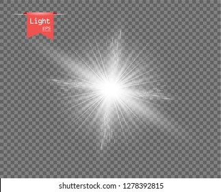The white clear light of the sun. Bright explosion, sparkling flash with rays. Star Shine. Vector design element isolated on a transparent background.