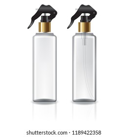 white and clear square cosmetic bottle with gold spray head for beauty or healthy product. Isolated on white background with reflection shadow. Ready to use for package design. Vector illustration.