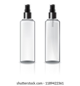 frasco cosmético cuadrado blanco y transparente con cabeza de spray negro para la belleza o producto saludable. Aislado sobre fondo blanco con sombra de reflexión. Listo para usar para el diseño de paquetes. Ilustración vectorial.