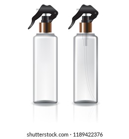 white and clear square cosmetic bottle with copper spray head for beauty or healthy product. Isolated on white background with reflection shadow. Ready to use for package design. Vector illustration.