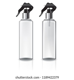white and clear square cosmetic bottle with silver spray head for beauty or healthy product. Isolated on white background with reflection shadow. Ready to use for package design. Vector illustration.