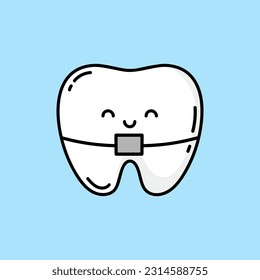 White clear tooth with ceramic braces logo design. Cute tooth character with braces system. Pediatric dentistry symbol. Teeth and bite correction with the help of braces system