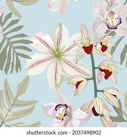 White clematis and orchid flowers seamless pattern, branch, greenery. Decorative blue background in rustic boho style for fabric.