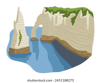 White cliffs of Estretat village. Upper Normandy. France. Vector seascape isolated on white background.
