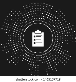 White Clipboard with checklist icon isolated on grey background. Control list symbol. Survey poll or questionnaire feedback form. Abstract circle random dots. Vector Illustration