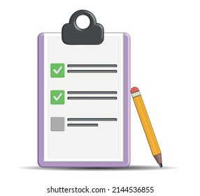 White clipboard with checklist on pink background. 3D rendering illustration.