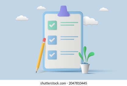 White clipboard with checklist and pencil drawing ticks checking selection marks on sky blue background. Planning and organization of work. 3d Vector illustration.