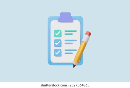 White clipboard with checklist and pencil drawing ticks checking selection marks on sky blue background. Planning and organization of work. notepad, project plan, check marks. 3d Vector illustration