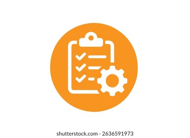 A white clipboard with checkmarks and a gear on an orange circle, isolated on white background.
