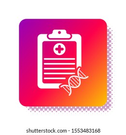 White Clipboard with DNA analysis icon isolated on white background. Genetic engineering, genetics testing, cloning, paternity testing. Square color button. Vector Illustration