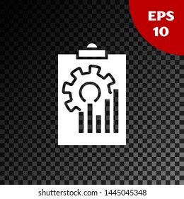 White Clipboard with graph chart icon isolated on transparent dark background. Report text file icon. Accounting sign. Audit, analysis, planning.  Vector Illustration