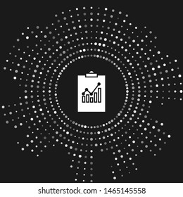 White Clipboard with graph chart icon isolated on grey background. Report text file icon. Accounting sign. Audit, analysis, planning. Abstract circle random dots. Vector Illustration