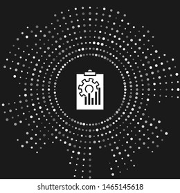 White Clipboard with graph chart icon isolated on grey background. Report text file icon. Accounting sign. Audit, analysis, planning. Abstract circle random dots. Vector Illustration