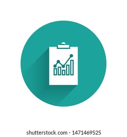 White Clipboard with graph chart icon isolated with long shadow. Report text file icon. Accounting sign. Audit, analysis, planning. Green circle button. Vector Illustration
