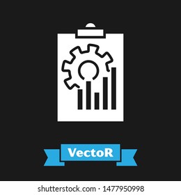 White Clipboard with graph chart icon isolated on black background. Report text file icon. Accounting sign. Audit, analysis, planning.  Vector Illustration