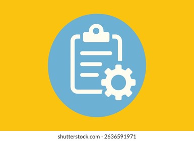 A white clipboard icon with a gear on a blue circle, isolated on a yellow background.
