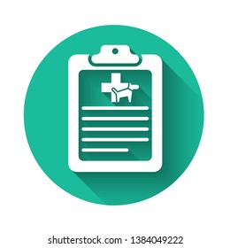 White Clipboard with medical clinical record pet icon isolated with long shadow. Health insurance form. Medical check marks report. Green circle button. Vector Illustration