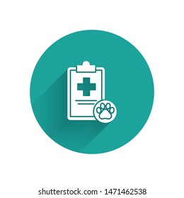 White Clipboard with medical clinical record pet icon isolated with long shadow. Health insurance form. Medical check marks report. Green circle button. Vector Illustration