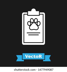 White Clipboard with medical clinical record pet icon isolated on black background. Health insurance form. Medical check marks report.  Vector Illustration