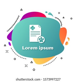 White Clipboard with medical clinical record pet icon isolated on white background. Health insurance form. Medical check marks report. Abstract banner with liquid shapes. Vector Illustration