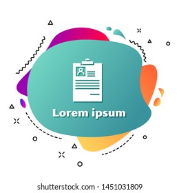 White Clipboard with resume icon isolated on white background. CV application. Curriculum vitae, job application form with profile photo.  Abstract banner with liquid shapes. Vector Illustration