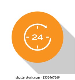 White Clock 24 hours icon isolated on white background. All day cyclic icon. 24 hours service symbol. Orange circle button. Flat design. Vector Illustration