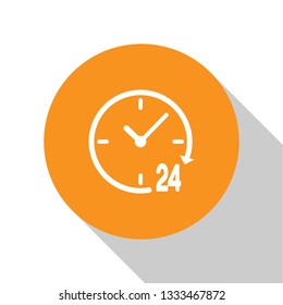 White Clock 24 hours icon isolated on white background. All day cyclic icon. 24 hours service symbol. Orange circle button. Flat design. Vector Illustration