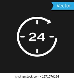 White Clock 24 hours icon isolated on black background. All day cyclic icon. 24 hours service symbol. Vector Illustration
