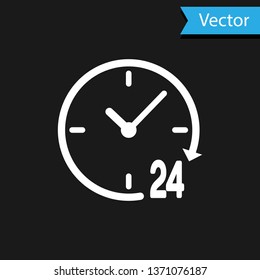 White Clock 24 hours icon isolated on black background. All day cyclic icon. 24 hours service symbol. Vector Illustration