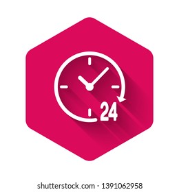 White Clock 24 hours icon isolated with long shadow. All day cyclic icon. 24 hours service symbol. Pink hexagon button. Vector Illustration
