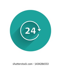 White Clock 24 hours icon isolated with long shadow. All day cyclic icon. 24 hours service symbol. Green circle button. Vector Illustration